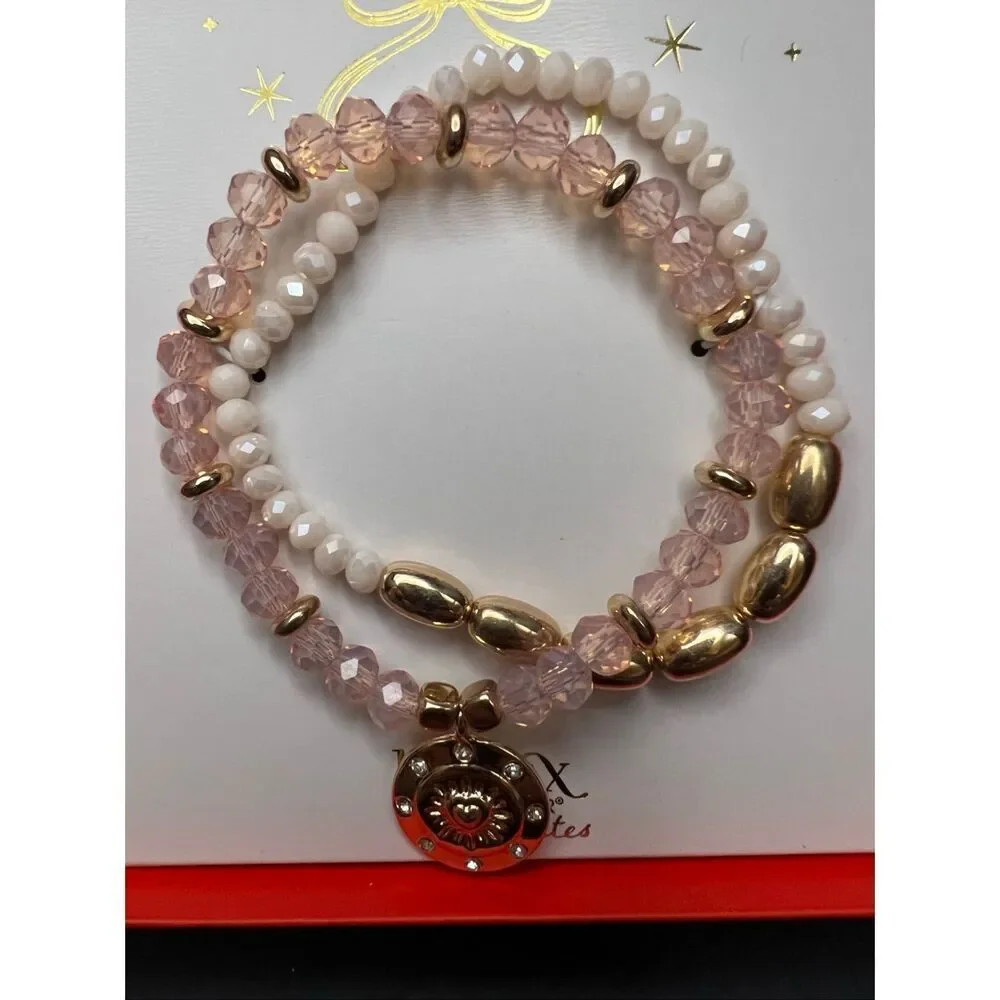 New in Box! Bijoux Bar Gold Tone Glass Stretch Set of 2 Stackable Bracelets